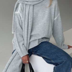 Keriana Contrast Stitch Knit Sweater Grey / White