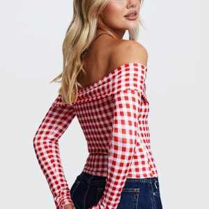 Singular Off The Shoulder Long Sleeve Top Red Check