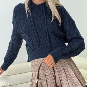 Jorvik Cropped Cable Knit Hoodie Navy