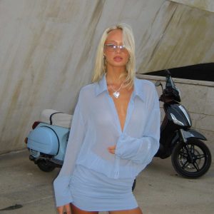 Moonrising Long Sleeve Sheer Blouson Mini Dress Blue