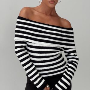 Danyel Off The Shoulder Sweater Black / White Stripe