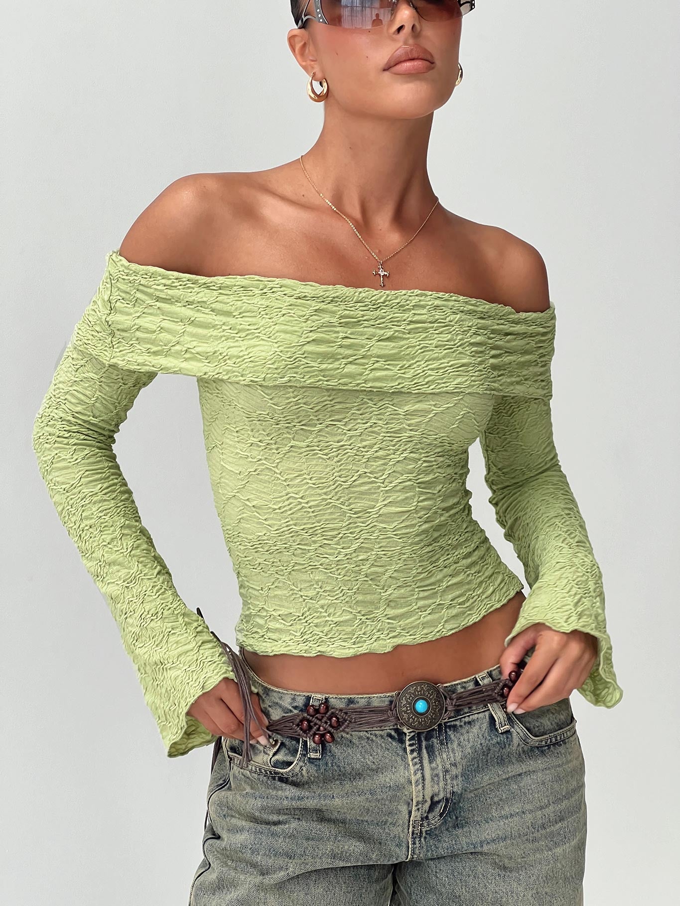 Back With Love Off Shoulder Long Sleeve Top Green - Image 8