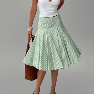 Evangaleine Pleat Midi Skirt Green / White