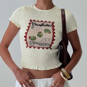 Ciao Bella Shirred Graphic Top Cream