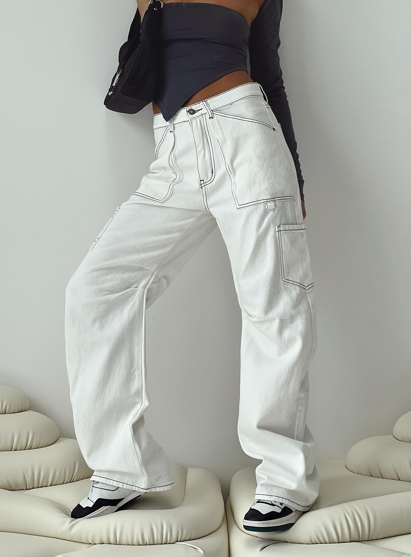 Miami Vice Mid Rise Straight Leg Cargo Pants White