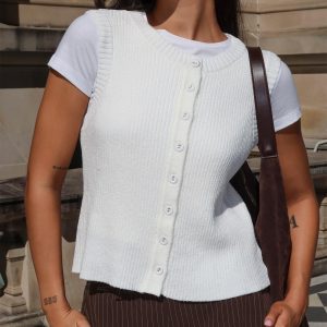 Simie Button Front Rib Top White