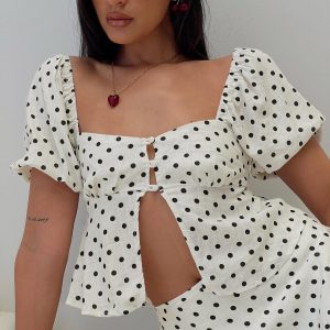 Passionfruit Linen Blend Top Cream/Black Polka Dot