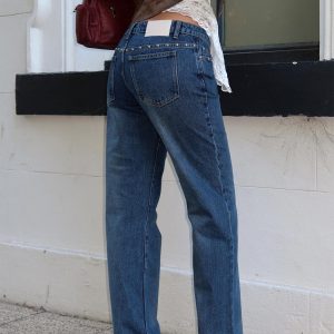 So Dazzling Studded Low Rise Straight Leg Jeans Dark Wash