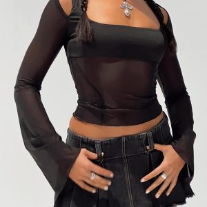 Sevina Long Sleeve Mesh Corset Top Black