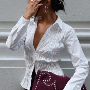 Cultivate Shirred Long Sleeve Top White