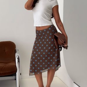 Daphene Asymmetrical Midi Skirt Brown / Blue Polka Dot