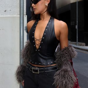 Captivated Faux Leather Halter Top Black