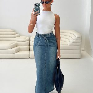 Brandee Tie Front Denim Maxi Skirt Mid Blue