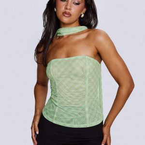 No Comparison Neck Tie Strapless Top Green Check