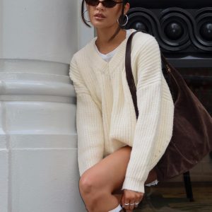 Have It All V Neck Knit Sweater Cream