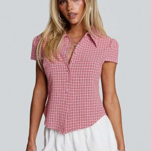 Float Away Button Up Top Red Check