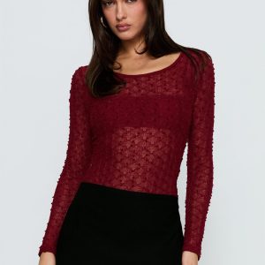 Harly Sheer Long Sleeve Bodysuit Red