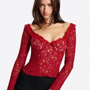 Miquela Long Sleeve Corset Lace Top Red