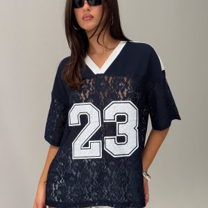 Lucky 23 Lace Jersey Graphic Top Navy