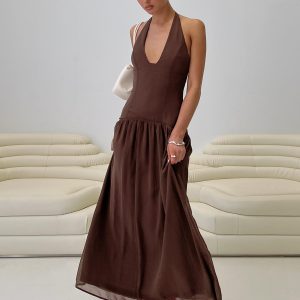 Chestnut Drop Waist Maxi Dress Brown