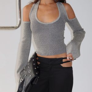 Novelia Halter Long Sleeve Top Black / Grey