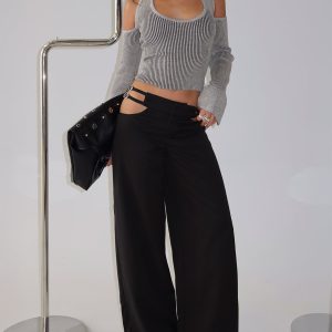 Venicia Belt Detail Suiting Pant Black Pinstripe