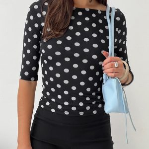 Venna 3/4 Sleeve Boat Neck Top Black / White Polka