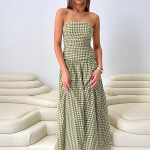 Frankey Strapless Drop Waist Maxi Dress Green Check