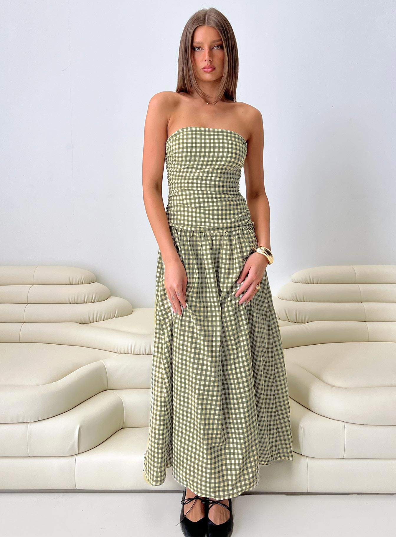 Frankey Strapless Drop Waist Maxi Dress Green Check