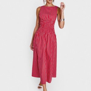 Lilienne Cotton Poplin Maxi Dress Red Stripe