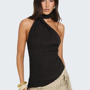 Yaleina One Shoulder Tie Scarf Top Black