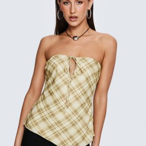I Wonder Strapless Cut Out Top Yellow Check