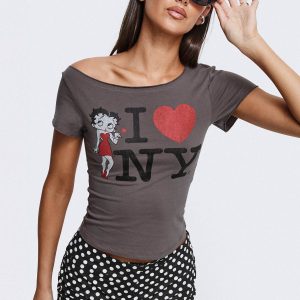 Betty Loves NYC Loose Graphic Top Charcoal