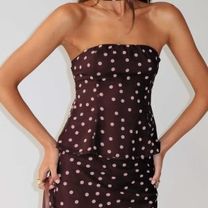 Sydni Scarf Detail Strapless Top Chocolate / Pink Polka