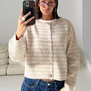 Raynna Button Up Cardigan Beige Stripe
