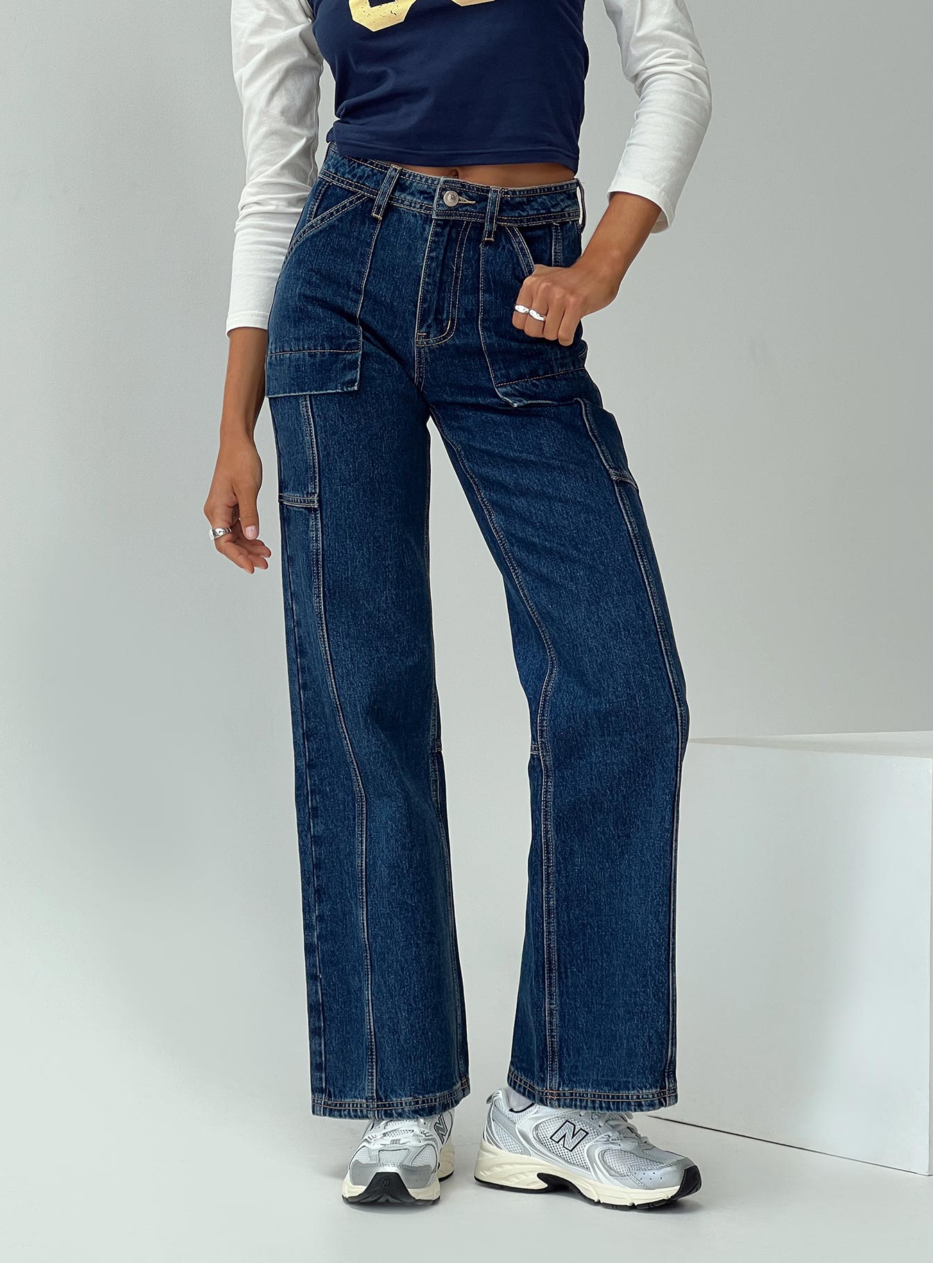 Chad High Rise Wide Leg Cargo Jeans Dark Wash Denim