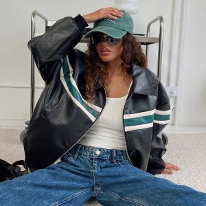 Goldsmith Faux Leather Bomber Jacket Black / Green