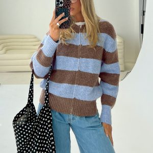 Queena Zip Through Knit Sweater Blue Stripe