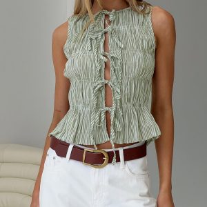 Apero Shirred Tie Front Top Green / White Stripe