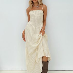 Slow Dance Linen Blend Maxi Dress Cream / Blue