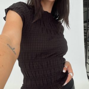 Romelle Shirred Top Black / Brown Plaid