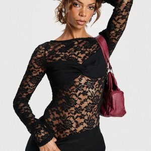 Anjolene Lace Wrap Bust Bodysuit Black