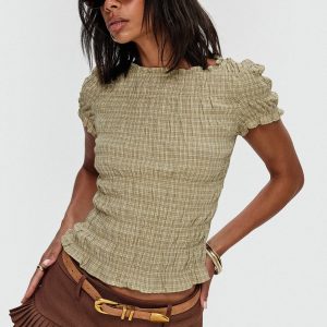 Romelle Shirred Top Green / Brown Plaid