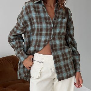 Perlita Long Sleeve Collared Shirt Brown Check