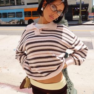 Jeanny Collared Knit Sweater Brown / Pink Stripe