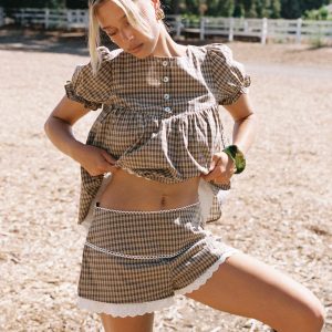 Chandelier Mini Lace Trim Shorts Brown Check