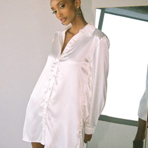 90210 Satin Shirt Mini Dress White