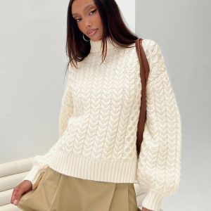 Judson Roll Neck Cable Knit Sweater Cream