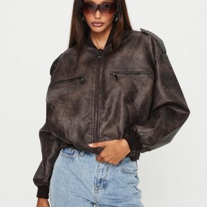 Casey Faux Leather Biker Jacket Chocolate