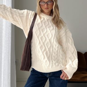 Rorey Cable Knit Crew Neck Sweater White